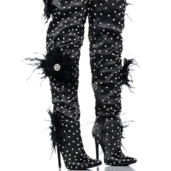 AZALEA WANG " TOP TIER " BLACK SATIN FEATHER FLOWER THIGH HIGH BOOT(BRAND NEW!!! - Picture 1 of 9